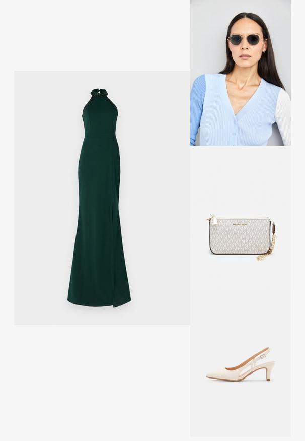 WAL G. SABRINA SEQUIN DRESS - Roupa de cerimónia - forest green; Sandal com salto branco, ponta afilada, material superior liso, salto bloco baixo e design com recortes laterais, com tira ajustável.; Óculos de sol redondos com lentes escuras e armação dourada. O modelo usa um cardigan canelado azul claro com botões e mangas brancas em contraste.; Pochete Michael Kors em tela revestida bege com padrão repetido do logotipo MK, ferragens douradas e uma alça de corrente destacável.