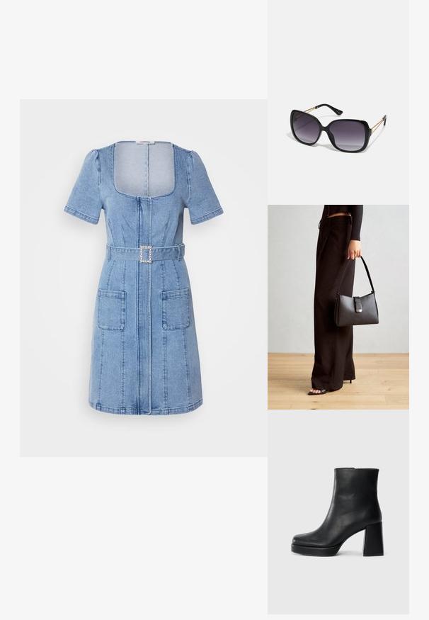 Lys blå denimkjole med korte pufferm, firkantet halslinning, glidelås foran, to store lommer og et belte med firkantet rhinestonespenne.; Sorte skinnankelsko med blokkhæl og plattformsåle, sett fra siden på en enkel hvit bakgrunn.; Sorte oversized solbriller med gradient linser, tykke rammer og detaljering med gulltonekjede på tempelarmene.; Svart håndveske med strukturert form, jevn tekstur og metallisk lås. Kombinert med brede svarte bukser og sandaler med åpen tå på tregulv.