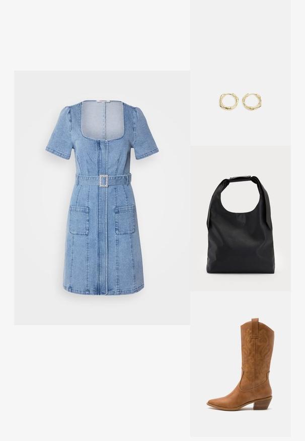 Gaiši zils džinsa kleita ar īsām puff piedurknēm, kvadrāta dekoltē, priekšējo rāvējslēdzēju, divām lielām kabatām un jostu ar kvadrātveida pūtītu sprādzi.; Brūni ādas kovboju zābaks ar norādītu purngalu, izšūtām viļņveida apakšējo detaļu un sakrautajiem blokiem. Iezīmēts ar velkšanas cilpu ērtai uzvilkšanai.; Melnas ādas rokassoma ar plašu atvērtu augšu un vienu plecu siksnu. Mīksta tekstūra, minimāls dizains, ar smalkiem metāla aksesuāriem.; Zelta riņķveida auskari ar tekstūru un neregulāru formu. Iekļauj bezšuvju aizdari un pulētu virsmas apdari, uzsverot mūsdienīgu dizainu.