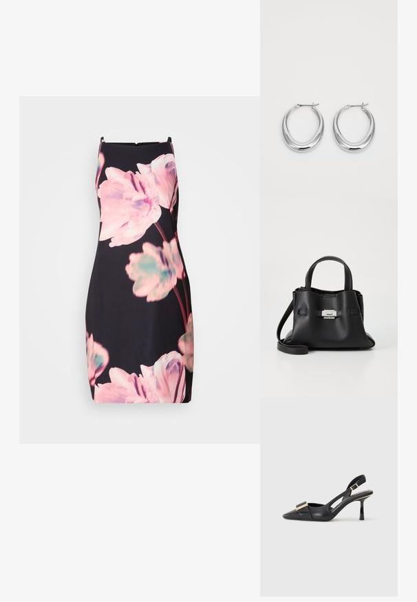 Ermeløs kjole i et mørkt stoff med store rosa og teal blomstertrykk. Tettsittende fasong med en diskret glidelås på baksiden.; Svart skinn slingback-sko med spiss tå, slank hæl og gullfarget detalj på vampen. Glatt tekstur og strukturert design.; Svart skinnveske med teksturert overflate, som har to håndtak på toppen, en avtagbar skulderrem og detaljer med sølvspenne.; Et par polerte sølv halvmåne hoop øredobber med hengselspenner på hvit bakgrunn.