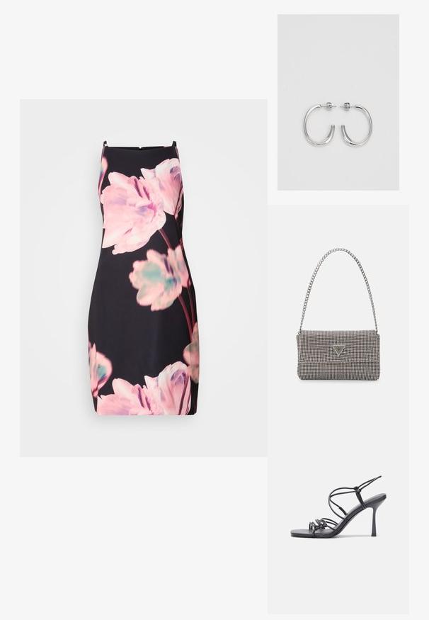 Õlakuubik, mis on valmistatud tumedast kangast, millel on suured roosa ja teal värvi lillemustrid. Kergelt keha külge sobiv vorm ja diskreetne tagumine lukk.; Mustad musta värvi kontsandaalid on varustatud peente rihmadega, millel on sõlmekujundus, siledad ruudukujulised varbad ja stiilne stilettokonts.; Helehall metallik handbags, millel on kett, kaunistatud väikeste ümmarguste metallist õmblustega ja kolmnurkse brändi logoga.; Hõbedast rõngaskõrvarõngad sileda ja läikiva pinnaga, kõveriku kujuga ning postitaksega sulgur. Minimalistlik disain kaasaegse viimistlusega.