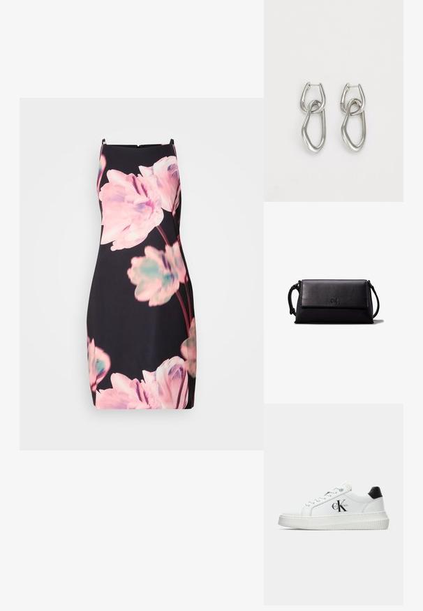 Bezrėmė suknelė tamsios spalvos, puošiama dideliais rožiniais ir žaliais gėlių raštais. Prigludęs siluetas su diskretišku užtrauktuku gale.; Balti žemakulniai bateliai su juodu kulno dangteliu, platformos padu, raišteliais ir Calvin Klein "CK" logotipu šone.; Juodas odinis kosmetinis krepšys, stačiakampio formos, lygia tekstūra, plokščiu uždarymu ir mažu rankenėle šone. Pabrėžia subtilų logotipą.; Calvin Klein STATEMENT LINKS - Auskarai - silver-coloured