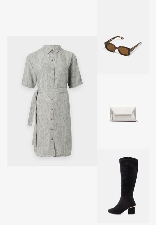 Halli linast kleit lühikeste varrukatega, nööpidega ees ja vöödiga taljes. Omab peent tekstiuri ja sirget, põlvepikkust siluetti.; Mustad kuni põlve saapad pehmest seemisnahast, millel on tükike plokk-kand ja kuldne aktsent. Sile tekstuur, ümar varba disain.; Kilpkonnakilbi päikeseprillid ümmarguse, paksu raamiga ja pruunide läätsedega. Omab peeneid mustreid ja sirgeid, kitsenevaid käsi.; Valge ümbrikute kott, mis on valmistatud siledast nahast, hõbedase ahelaga rihmaga ja esiküljel metallist aksessuaariga. Minimalistlik disain ja kolmnurkne kuju.