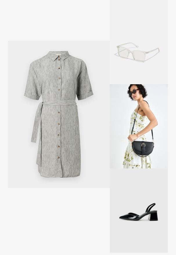 Szürke len ingruha rövid ujjakkal, gombos elülső résszel és övvel a deréknál. Finom textúrával rendelkezik és egyenes, térd feletti sziluetttel bír.; Fekete lakk bőr szandálkés magas sarkú cipő, hegyes orral és geometrikus tömbsarkakkal. Karcsú, minimalista dizájn és sima textúra jellemzi.; Átlátszó műanyag négyzet alakú szemüveg, áttetsző lencsékkel, arany díszítéssel a szárakon a fokozott részletekért.; Fekete bőrtáska ívelt formával, levehető pánttal és arany színű fémrészekkel. A táskán egy csattal díszített fedél található.