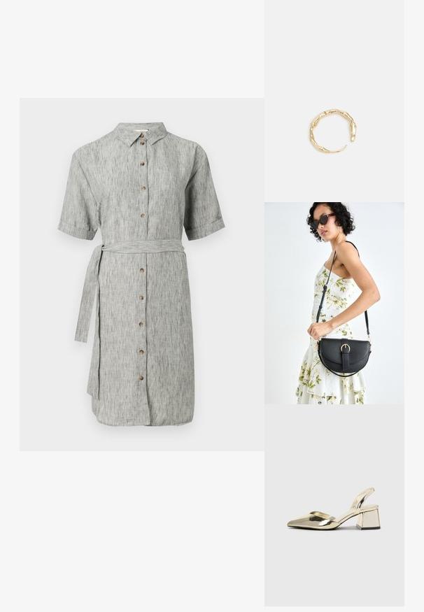 Šedé ľanové šaty košeľového strihu s krátkymi rukávmi, gombíkovým zapínaním a opaskom v páse. Majú jemnú textúru a rovný siluetu do kolien.; Zlaté kovové lodičky na podpätku so špicatou špičkou a robustným podpätkom. Hladký povrch, minimalistický dizajn a úzka remienok.; Čierna kožená kabelka s zaobleným tvarom, odnímateľným popruhom a zlatými doplnkami. Kabelka má klopu s detailom s prackou.; Prsteň v zlatej farbe s organickým, skrúteným dizajnom, hladkým povrchom a zužujúcimi sa koncami, vytvárajúci moderný, sochársky vzhľad.