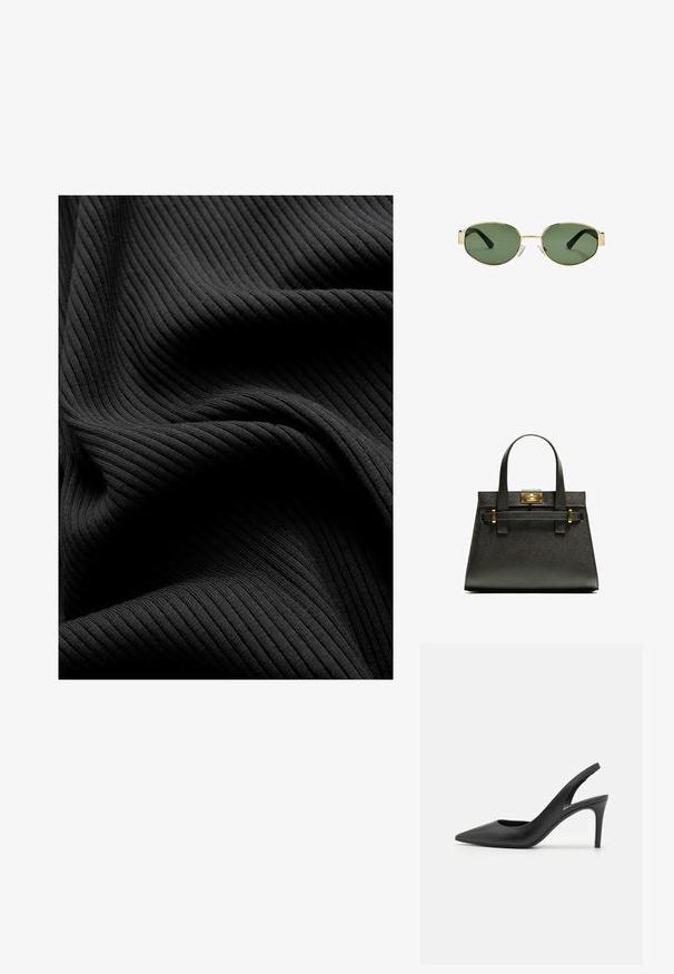 Tessuto nero a costine con una texture liscia, caratterizzato da scanalature verticali e pieghe drappeggiate, creando un aspetto a strati.; Tacchi alti slingback in pelle nera con design a punta, caratterizzati da un'apertura frontale e un sottile tacco a stiletto.; Occhiali da sole con montatura dorata e lenti verdi, forma ovale, stanghette nere e naselli trasparenti. Design pulito e minimalista.; Borsa a tracolla nera con manici corti, dotata di una chiusura e dettagli in oro. Il design è strutturato, con una silhouette geometrica.