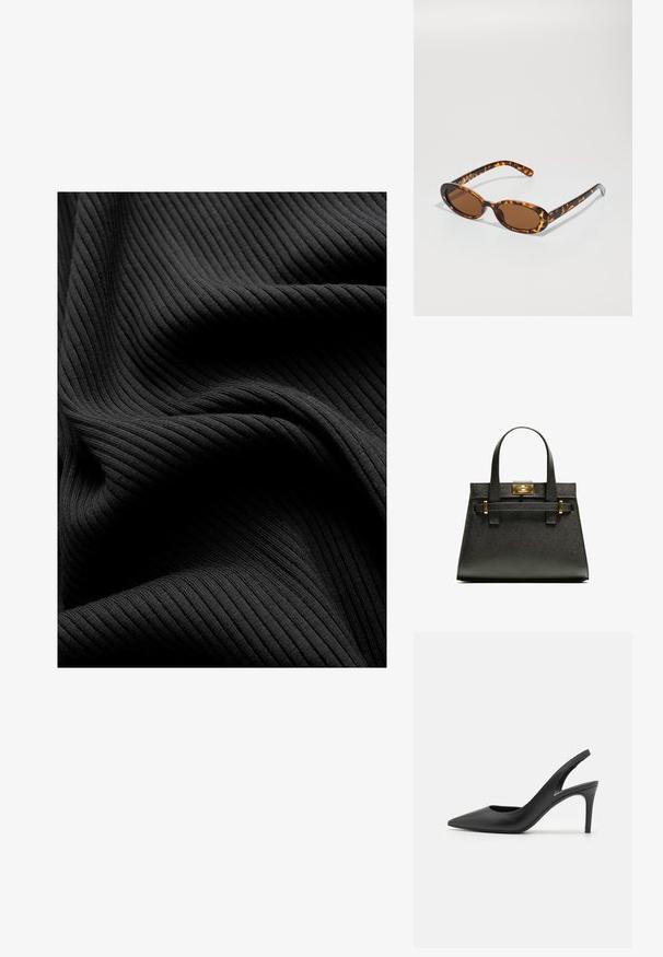 Čierna rebrovaná tkanina s hladkým povrchom, ktorá má vertikálne ryhy a spadlé záhyby, vytvárajúca vrstvený vzhľad.; Čierne kožené slingback vysoké podpätky s dizajnom špicatých špičiek, s výrezom vpredu a tenkým stiletto podpätkom.; Žlté slnečné okuliare s oválnymi rámami, hnedými sklami a štíhlymi čiernymi stranami s jemnými vzorovými akcentmi.; Čierna textúrovaná taška s krátkymi uchami, s kovovým zapínaním a akcentmi v zlatej farbe. Dizajn je štruktúrovaný, s geometrickým siluetou.
