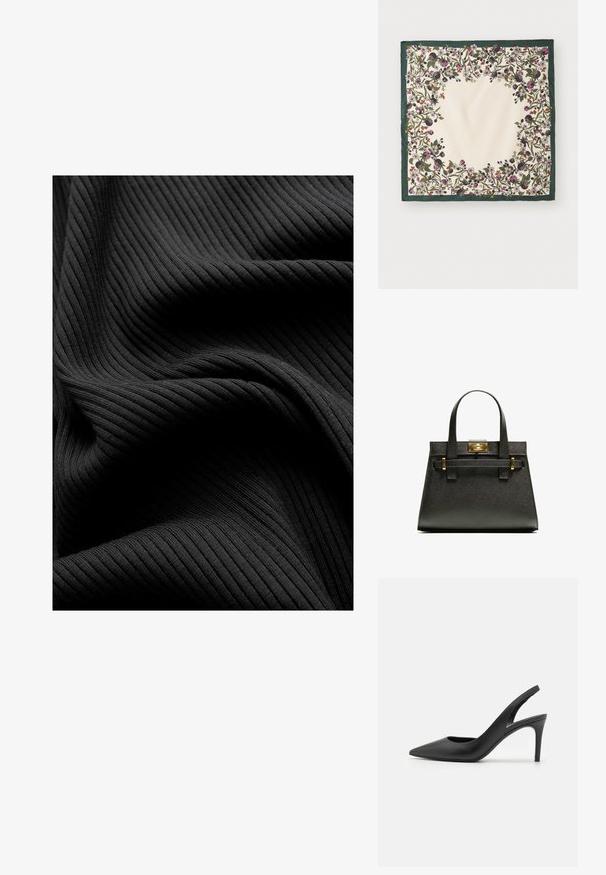 Schwarzer gerippter Stoff mit glatter Textur, der vertikale Rillen und drapierte Falten aufweist, was ein geschichtetes Aussehen erzeugt.; Schwarze Leder Slingback High Heels mit einem spitzen Zehendesign, das an der Vorderseite ein Ausschnitt hat und einen dünnen Stilettoblock. ; Seidenschal mit einer cremefarbenen Mitte, umrandet von komplexen floralen Mustern in Grün, Lila und Rot. Abgeschlossen mit einem dunkelgrünen Rand.; Schwarze, strukturierte Tragetasche mit kurzen Griffen, ausgestattet mit einem goldenen Verschluss und Akzenten. Das Design ist strukturiert und weist eine geometrische Silhouette auf.