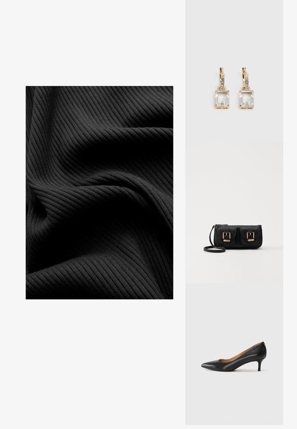 Juodas raukšlėtas audinys su lygiu paviršiumi, turintis vertikalias briaunas ir sukrautas klostes, sukuriantis sluoksniuotą išvaizdą.; Juodos odinės aukštakulnės bateliai su smailiu nosiu, žemu kulnu ir lygiu paviršiumi. Priekyje yra nedidelis atvirumas, o gale minimalus apdaila.; Juodas odinis per petį nešiojamas krepšys su dviem priekiniais kišenėmis, auksiniais sagtimis, užtrauktuko uždarymu ir siauromis petnešomis. Textūruota paviršius ir kompaktiškas stačiakampis formatas.; Auksinės spalvos auskarai, kuriuose yra stačiakampis, skaidrus kristalas, kabantis po eile mažų, apvalių skaidrių akcentų. Šiuolaikiškas, modernus dizainas.