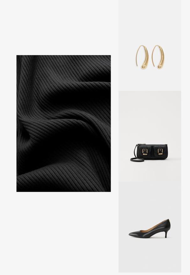 Melns ribots audums ar gludu tekstūru, kas satur vertikālas iegriezumus un drapētas kroku, radot slāņotu izskatu.; Melnas ādas augstpapēžu kurpes ar pīlādžu purngalu, zemu papēdi un gludu virsmu. Raksturīga neliela atvere priekšā un minimāls aprīkojums aizmugurē.; Melnas ādas crossbody soma ar divām priekšējām kabatām, zelta sprādzēm, ar rāvējslēdzēju aizdari un šauru siksnu. Strukturēta virsma un kompakta taisnstūra forma.; Zelta toņu metāla gredzena auskari ar izliektu, pagarinātu formu. Ar gludu, spīdīgu virsma un noapaļotu galu papildu detaļām.