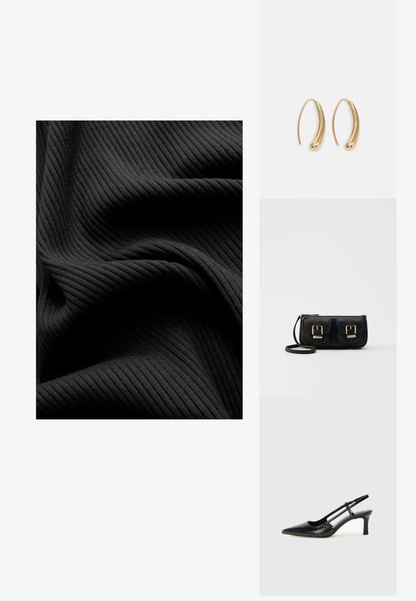 Melns ribots audums ar gludu tekstūru, kas satur vertikālas iegriezumus un drapētas kroku, radot slāņotu izskatu.; Melna patent āda ar slīdošo papēdi un smailo purngalu, ar teksturētu čūsku drukājumu, regulējamu siksniņu un īsu teksturētu blokpapēdi.; Melnas ādas crossbody soma ar divām priekšējām kabatām, zelta sprādzēm, ar rāvējslēdzēju aizdari un šauru siksnu. Strukturēta virsma un kompakta taisnstūra forma.; Zelta toņu metāla gredzena auskari ar izliektu, pagarinātu formu. Ar gludu, spīdīgu virsma un noapaļotu galu papildu detaļām.