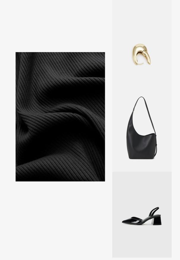 Tejido negro acanalado con una textura suave, que presenta surcos verticales y pliegues drapeados, creando una apariencia en capas.; Zapatos de tacón slingback de charol negro con punta afilada y tacón geométrico en bloque. Presentan un diseño elegante y minimalista, así como una textura suave.; Bolso tipo hobo de cuero negro con una textura suave, forma curvada y una sola correa ajustable; presenta una amplia apertura en la parte superior.; Pendiente de metal en tono dorado con un diseño elegante y curvado. Presenta una forma puntiaguda distintiva, superficie pulida y cierre de bisagra.