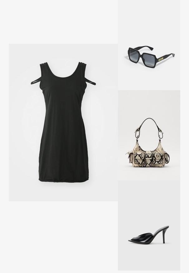 Črna brezrokavna obleka iz mehkega blaga, z okroglim izrezom in dvema izrezanima naramnicama. Ravnina silhueta brez okrasnih detajlov.; Črne usnjene mule s visokimi petami, odprto nosilo, bodičast dizajn, gladka tekstura in ozka stiletnica.; Črne kvadratne sončne očala z degradiranimi sivo-lenčnimi lečami; vsebujejo subtilne akcentne detajle in rumeno 'MOSCHINO' blagovno znamko na ročaju.; Python-ženska torba v bež in črni barvi, ki se ponaša z strukturirano obliko, podrobnostjo s sponko in dvema naramnicama. Teksturna površina.