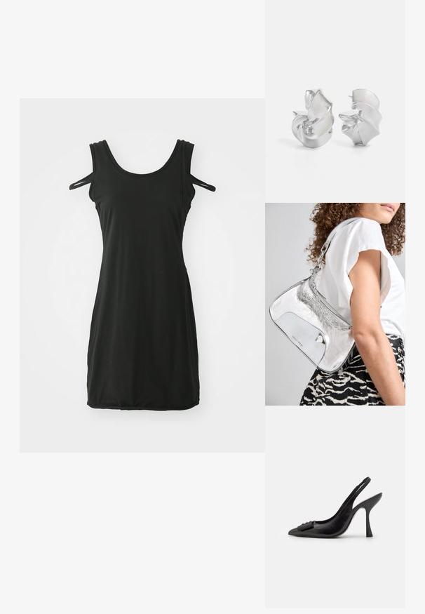 Ärmlösa musta kleit pehmest kangast, millel on ümar kaelus ja kaks lõigatud õlavarre rihma. Sirge siluett, ilma kaunistusteta.; Must musta slingback kingad terava ninaga, kitsas kõrge kontsaga ja dekoratiivse lipsu aktsendiga. Sile tekstuur ja voolav disain.; Hõbedane metallist õlakott, millel on sile tekstuur, kaarduv disain, kettrohke ja poleeritud esipaneel, millel on peen logo graveering.; Hõbedased kõrvarõngad voolava spiraalsetega kujunduses. Sile tekstuur poleeritud viimistlusega. Omab peent läiget ja ei oma nähtavaid kaunistusi.