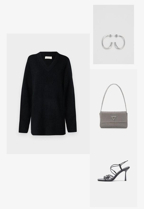 Juodas, ilgomis rankovėmis megztinis su V formos kaklu. Pagamintas iš minkštos, tekstūruotos medžiagos. Papuoštas raukiniais ant rankovių ir apykaklės, suteikiančiais papildomą akcentą.; Juodos aukštakulnės sandalai pasižymi plonyčiais dirželiais su mazgo dizainu, lygiu kvadratiniu pirštu ir elegantišku stiletto kulnu.; Šviesiai pilka metalinė rankinė su grandinėlės dirželiu, papuošta mažais apvaliais metaliniais smeigėmis ir trikampiu prekės ženklu.; Sidabriniai lankelio formos auskarai su lygiu, blizgiu paviršiumi, išlenktos formos ir su užsegimu. Minimalistinio dizaino su moderniu apdaila.