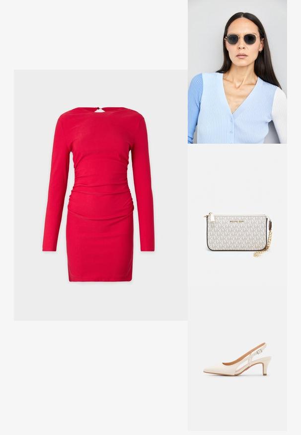 Rode lange jurk met lange mouwen en een aansluitend ontwerp, voorzien van ruche-details bij de taille en een sleutelgaatje aan de achterkant. Gladde stof textuur.; Witte slingback hak met een spitse neus, glad bovenmateriaal, lage blokhak en een design met uitsparingen aan de zijkant, voorzien van een verstelbare gespsluiting.; Ronde zonnebrillen met donkere glazen en gouden montuur. Het model draagt een lichtblauwe, geribbelde cardigan met knopen en contrasterende witte mouwen.; Michael Kors polsbandje in beige gecoate canvas met een herhaald MK-logo patroon, gouden hardware en een afneembare kettingriem.