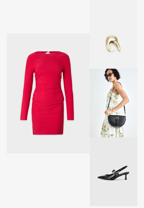 Crvena haljina dugih rukava s prilagođenim dizajnom, koja sadrži nabore u struku i prorez sa ključnom rupom na leđima. Glatka tekstura tkanine.; Crne lakirane slingback potpetice s oštrim prstom i malom blok petom, s naglaskom na srebrnoj kopči na remenu.; Crna kožna torba s lukovitim oblikom, odvojivim remenom i zlatnim detaljima. Torba ima preklop s kopčom.; Zlatne metalne naušnice s elegantnim, zakrivljenim dizajnom. Imaju karakterističan šiljast oblik, poliranu površinu i zatvaranje na šarku.