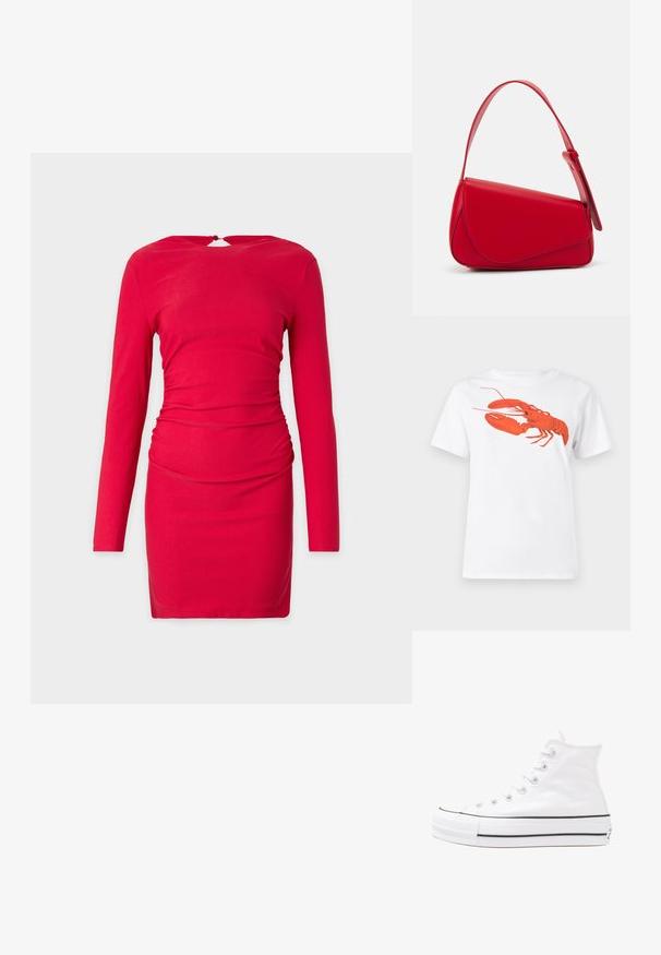 Rotes langärmliges Kleid mit einem figurbetonten Design, das Raffungselemente an der Taille und einen Spitzenausschnitt am Rücken aufweist. Glatte Stofftextur.; Weißes Baumwoll-T-Shirt mit einem großen, leuchtend roten Hummer-Design auf der Vorderseite. Mit kurzen Ärmeln und klassischem Rundhalsausschnitt.; Weiße hochwertige Leinensneaker mit schwarzer Gummisohle, vorderem Gummizehenschutz und sechs Ösen für Schnürsenkel, die ein sauberes, minimalistisches Design aufweisen.; Rote Lederhandtasche mit einem kantigen, geometrischen Design. Verfügt über einen verstellbaren Schulterriemen und einen Klappenverschluss mit genähten Details.