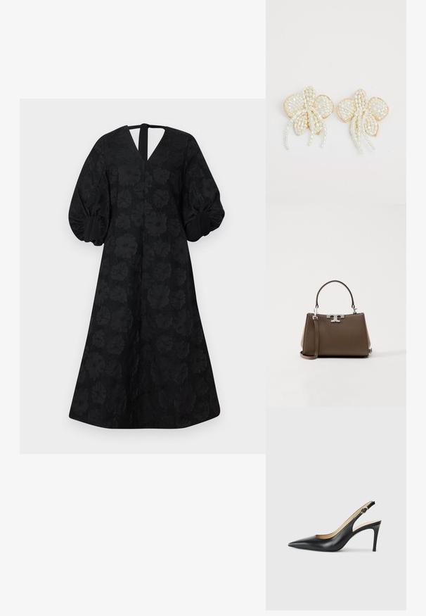 Fekete ruha virágos textúrával, V-kivágással és puffos ujjal. Kulcslyuk hátkivágás és A-vonalú sziluett jellemzi.; Fekete bőrből készült, hegyes orrú, állítható pánttal rendelkező magassarkú szandál, elegáns tűsarokkal, sima felülettel.; Barna bőr kézitáska, keretes formával, ezüstszínű fémrészletekkel és dupla füllel. Az elején logó díszítés található, és tartozik hozzá egy levehető vállpánt.; Gyöngyvirág fülbevalók arany díszítéssel. Minden szirmon apró, kerek gyöngyök találhatók, amelyek virágos mintát alkotnak, és gyöngyös részletekkel vannak díszítve.