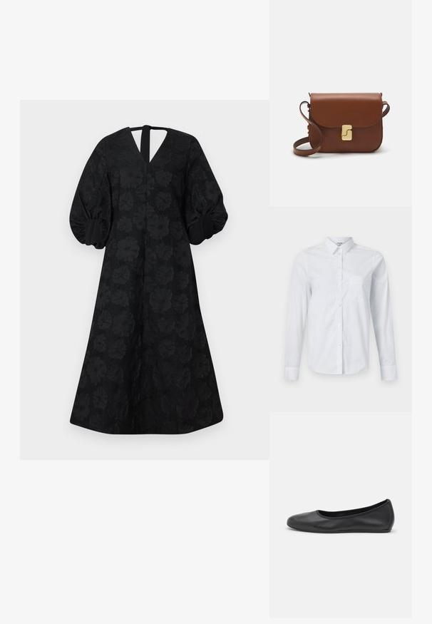 Musternitega must kleit, V-kaelusega ja puffvarrukatega. Omab võtmeaugu selga ning A-liini siluetti.; Valge pikakä sleeves särkk, mis on valmistatud puuvillast. Omab nööbiga esiosa, teravat kaelust ja vasakul küljel rinnataskut.; Musthave mustika tantsutossud mustast nahast, ümmarguse varbaga, siledast tekstuurist, minimaalse õmblusdetailiga ja paindliku tallakujundusega.; Pruunist nahast käekott, millel on klapiga sulgur, kuldne riistvara, õlarihm ja sile tekstuur. Kompaktne ristkülikukujuline vorm.