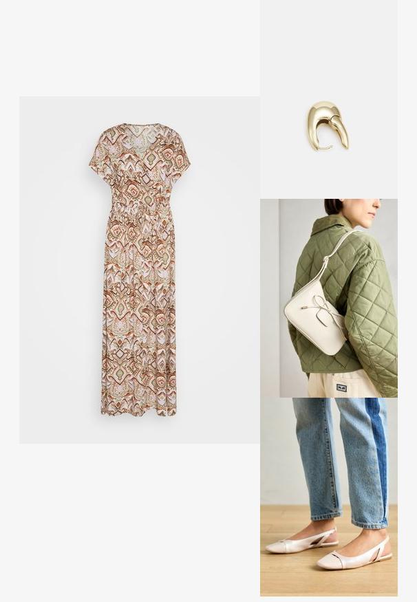 Ilgų nėrinių suknelė, pagaminta iš lengvos medžiagos, su daugiavaikės geometricinės rašto spalvų deriniu: ruda, žalia ir rožinė. Suknelės juosmenyje yra elastingas akcentas.; Šviesiai rožiniai slingback baleto bateliai su smailiu pirštu, pagaminti iš lygios odai panašios medžiagos. Yra išpjovimų detalės šonuose ir plokščias kulnas.; Bežinė odinė per petį nešama rankinė su kaspino detalėmis, auksinėmis detalėmis ir viena reguliuojama petneša, dėvima ant žalios siuvinėtos striukės.; Aukso tono metalinės auskarai su stilingu, kreiviu dizainu. Išsiskiria ryškiu smailiu pavidalu, poliruota paviršiumi ir užsegimu su vyriu.