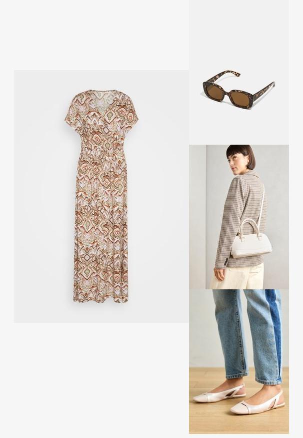 Maxi-jurk van lichtgewicht stof met een multicultureel geometrisch patroon in tinten bruin, groen en roze. Elastische taille detail.; Zachtroze slingback ballerina's met een spitse neus, gemaakt van een glad leerachtig materiaal. Bevat uitsnijdingen aan de zijkanten en heeft een platte hak.; Tortoiseshell zonnebril met een ronde, stevige montuur en bruine lenzen. Heeft subtiele patronen en rechte, taps toelopende veren.; Witte gestructureerde handtas met korte handvatten en een schouderband, voorzien van gouden hardwareaccenten en een textuurmateriaal, tentoongesteld tegen een grijze achtergrond.