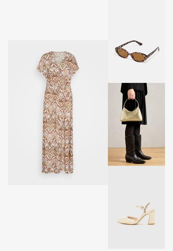 Kerge kangast maxi kleit, millel on mitmevärviline geomeetriline muster pruunides, rohelistes ja roosades toonides. Elastsest materjalist vöökoht.; Kuldmetallist kontsaking, millel on terav nina, ankle strap ringikujulise lukuga ja paksem kontsadisain. Sile tekstuur.; Kilpkonnakilbi stiilis prillid ovaalsete läätsedega, pruunide toonidega, õhukeste kätega, millel on tekstureeritud muster, kerge plastmassraam.; Kuldse tekstuuriga kott, millel on kõver kuju ja lühike käepide, hoiab inimene, kes kannab musta plisseerkätikut ja musti nahast cowboy-saapaid.