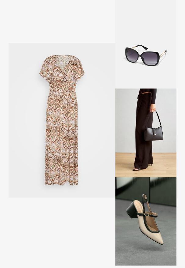 Ilgų nėrinių suknelė, pagaminta iš lengvos medžiagos, su daugiavaikės geometricinės rašto spalvų deriniu: ruda, žalia ir rožinė. Suknelės juosmenyje yra elastingas akcentas.; Šviesiai rudos suknelės bateliai su juodu apvadu, auksine sagtimi ir masyviu blokiniu kulnu, stovintys ant pilkos grindų su tamsiai žalia fonu.; Juodos didelės saulės akinių su pereinamais objektyvais, storomis rėmeliais ir auksinės spalvos grandinėmis ant šventyklų.; Juodas rankinė struktūrizuota forma, lygi tekstūra ir metalinis užsegimas. Suporuota su plačiomis juodomis kelnėmis ir atvirais bateliais ant medinių grindų.