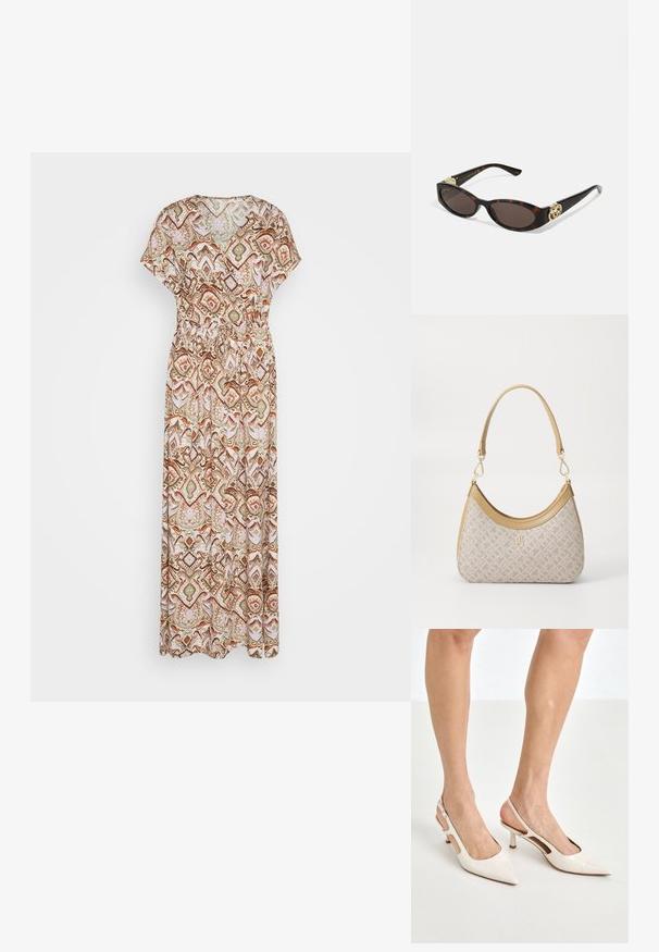 Maxi kjole lavet af letvægts stof med et flerfarvet geometrisk mønster i nuancer af brun, grøn og pink. Elastisk taljedetalje.; Beige patenterede læder slingback hæle med spids tå og 5 cm hæl, med udskårne sider og en tynd ankelrem.; Skildpaddemønster solbriller med aflange ovale linser, brun farve, guldlogo accenter på stængerne og slanke sorte arme.; Beige mønsteret taske med en buet form, læderdetaljer og et guldtonet logo på fronten. Har et kort håndtag for nem bæring.; Perle- og krystalhalskæde med et rundt, perlekantet design i lyse nuancer, der præsenterer skiftevis perler og glitrende detaljer, båret om halsen.