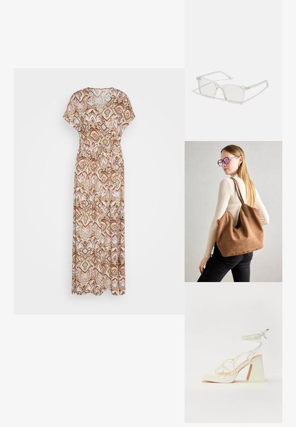 Maxi kjole lavet af letvægts stof med et flerfarvet geometrisk mønster i nuancer af brun, grøn og pink. Elastisk taljedetalje.; Hvide højhælede sandaler med en kraftig hæl, der har et stropdesign og ankelbinding. Glat tekstur med en platform foran for ekstra højde.; Klare plastiske briller med firkantet ramme og gennemsigtige linser, der har guld accenter på tempelstængerne for ekstra detaljer.; Brun ruskind tote taske med blød tekstur, stor åbning og lange stropper. Har et enkelt design med synlige syninger og ingen hardware.