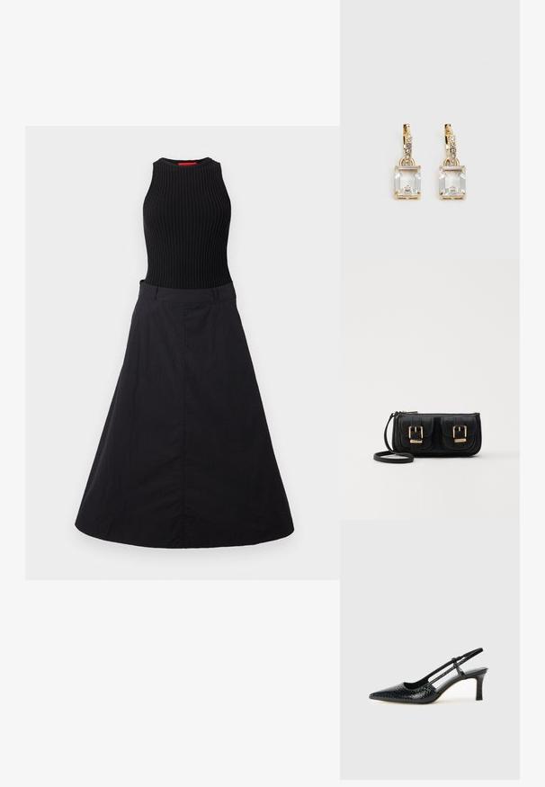 Robe noire avec un corsage sans manches à côtes et une jupe fluide. Le tissu a une texture lisse avec un léger éclat.; Escarpin slingback en vernis noir avec un bout pointu, présentant un imprimé serpent texturé, une sangle réglable et un petit talon bloc texturé.; Sac en cuir noir porté en travers avec deux poches avant, boucles dorées, fermeture zippée et une sangle fine. Surface texturée et forme rectangulaire compacte.; Boucles d'oreilles en or lumineux avec un cristal rectangulaire transparent pendent sous une rangée de petits accents ronds transparents. Design élégant et moderne.