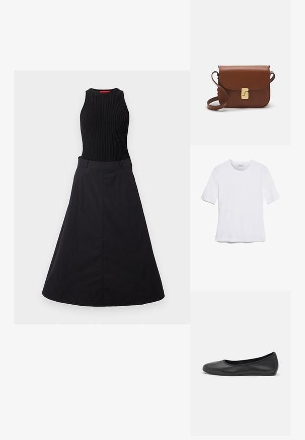 Zwarte jurk met een geribbelde mouwloze corsage en een vloeiende rok. De stof heeft een gladde textuur met een subtiele glans.; Witte korte mouwen t-shirt van ribstof. Ronde halslijn, normale pasvorm en subtiele stiksels. Geen patronen of grafische elementen.; Zwarte leren ballerina met een ronde neus, gladde textuur, minimale stikdetails en een flexibele zoolontwerp.; Bruine leren handtas met een klep sluiting, gouden hardware, een schouderband en een gladde textuur. Compact rechthoekige vorm.