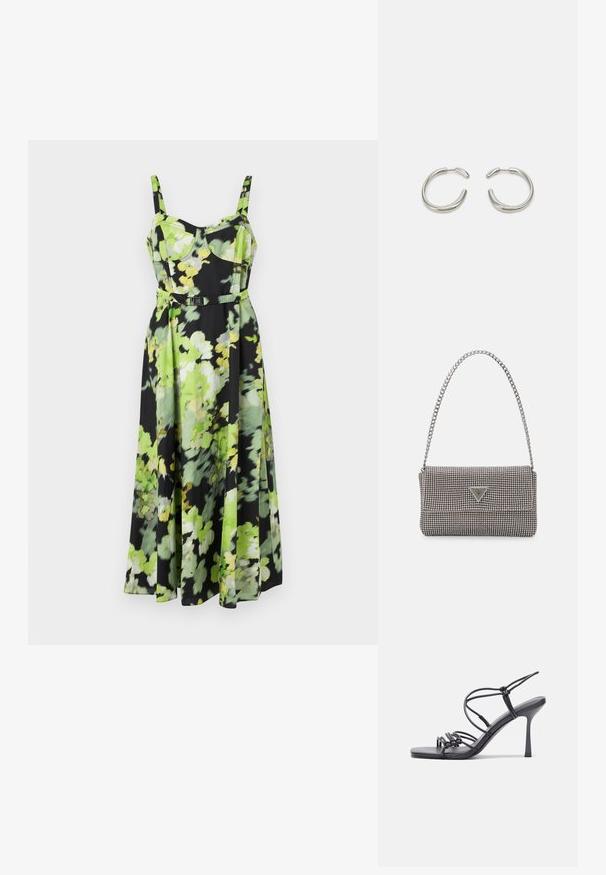 Cvjetna haljina u crnoj boji, s zelenim i žutim cvjetnim uzorcima. Izrađena od lagane tkanine, s tankim naramenicama i pojasom u struku.; Crne sandale na visokoj potpetici imaju tanke trake s čvorastim dizajnom, glatki kvadratni vrh i elegantnu stiletto petu.; Svijetlosivi metalik ruksač s lancem, ukrašen malim okruglim metalnim zakovicama i trokutastim logotipom marke.; Srebrne okrugle naušnice s glatkim, zaobljenim dizajnom i sjajnom, poliranom završnom obradom. Imaju minimalistički oblik s blagim otvorom.