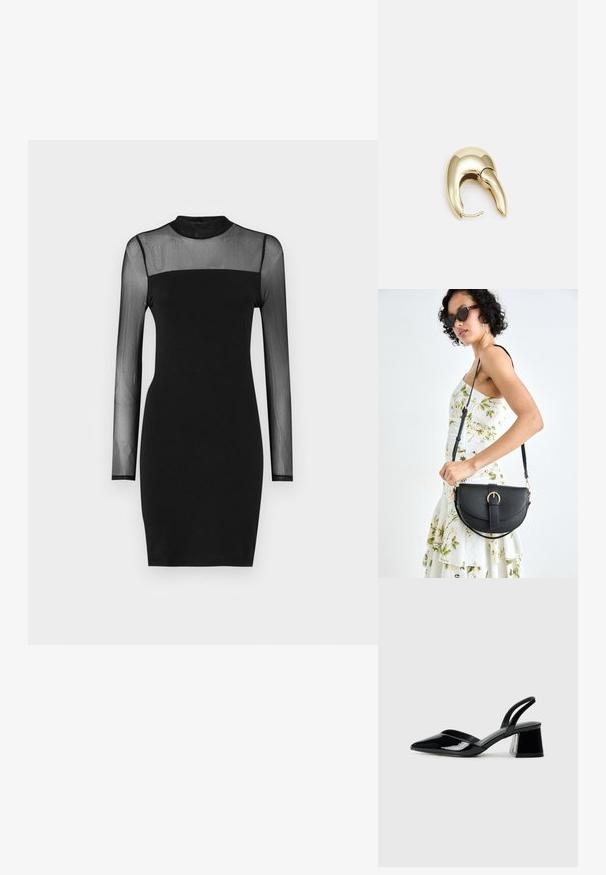 ONLY ONLLIVE czarny; Czarne lakierowane półbuty na obcasie z wydłużonym noskiem i geometrycznym słupkiem. Charakteryzują się eleganckim, minimalistycznym designem oraz gładką fakturą.; Czarna skórzana torebka o zakrzywionym kształcie, z odpinanym paskiem i złotymi akcentami. Torebka posiada klapę z zapięciem w kształcie klamry.; Złote metalowe kolczyki o eleganckim, zakrzywionym kształcie. Posiadają charakterystyczny szpiczasty kształt, polerowaną powierzchnię oraz zapięcie na zawias.