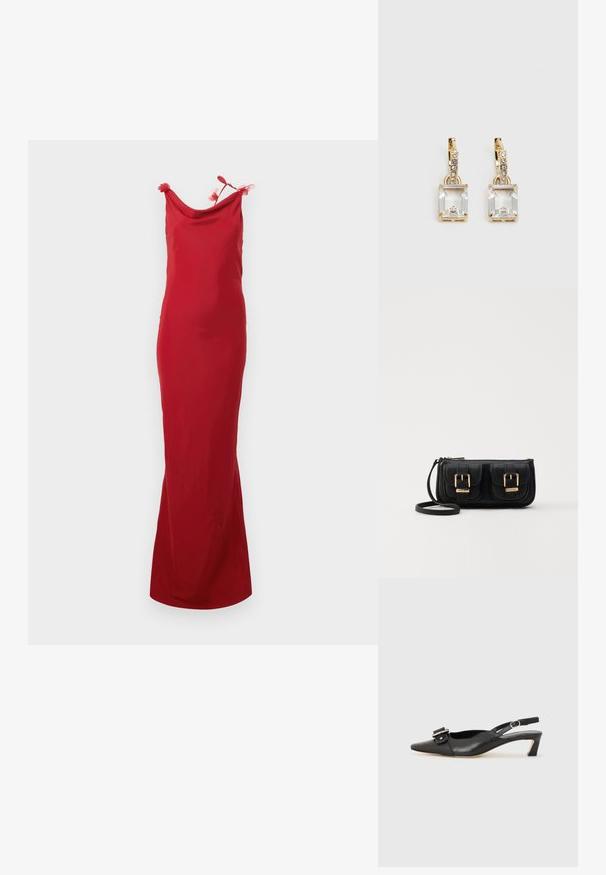 Crvena haljina bez rukava s drapiranim izrezom, s dekorativnim cvjetnim akcentima na naramenicama. Glatka tekstura i priljubljen silueta.; Crne kožne sandale s remenčićem i šiljastim vrhom, malim potpeticama i dekorativnom kopčom na gornjem dijelu. Glatka tekstura, minimalistički dizajn.; Crna kožna torba preko ramena s dva prednja džepa, zlatnim kopčama, zatvaranjem na zip i uskim remenom. Teksturirana površina i kompaktan pravokutan oblik.; Zlatne naušnice s pravokutnim, prozirnim kristalom koji visi ispod niza malih, okruglih prozirnih akcenata. Elegantni, moderni dizajn.