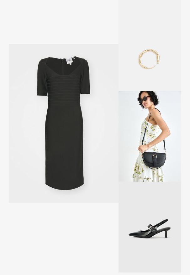 Melnā pieguļošā kleita ar kvadrātveida kakla izgriezumu, īsām piedurknēm un strukturētām horizontālām svītrām. Aizmugurējā rāvējslēdzēja aizdare un līdz ceļgaliem garuma dizains.; Melnas lakotas ādas sūkņa kurpes ar norādītu purngali un mazu bloku papēdi, ar sudraba sprādzi akcentā uz jostas.; Melnas ādas rokassoma ar izliekta formu, noņemamu siksnu un zelta aksesuāriem. Somai ir vāciņš ar sprādzes detaļu.; Zelta toņa gredzens ar organisku, vērptu dizainu, gludu virsmu un sašaurinātiem galiem, radot mūsdienīgu, skulpturālu izskatu.