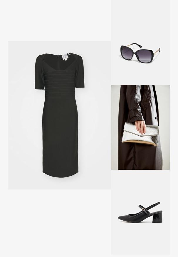 Abito nero aderente con scollatura quadrata, maniche corte e strisce orizzontali texture. Chiusura con zip sul retro e design fino al ginocchio.; Décolleté in vernice nera con cinturino dietro, punta affusolata, design con ritagli arrotondati e tacco a blocco. Presenta un accento di fibbia tono oro.; Occhiali da sole neri oversize con lenti sfumate, montatura spessa e dettagli in catena dorata sulle astine.; Clutch metallico argento con un design a busta angolare, texture liscia e colore interno a contrasto, tenuto in mano da una persona che indossa un cappotto nero.