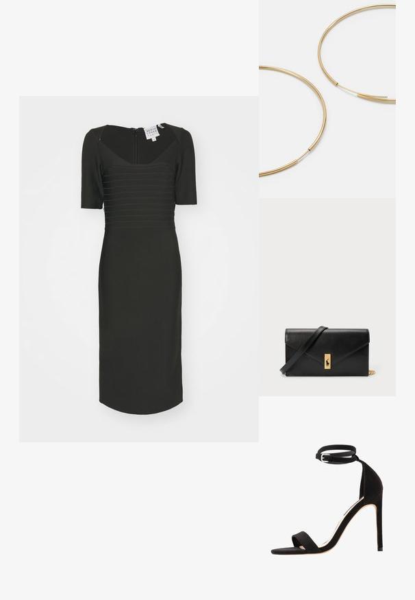 Musta, vartaloa myötäilevä mekko, jossa on neliön muotoinen pääntie, lyhyet hihat ja teksturoitu vaaka-raidallinen pinta. Selkäpuolella vetoketjukiinnitys ja polvipituinen malli.; Mustat keinonahka korkokengät, joissa on yksinkertainen hihnasuunnittelu, avonaiset varpaat ja nilkkahihna, jossa on hopeinen solki.; Kultaiset rengaskorvakorut, ohuet ja pyöreät, joissa on sileä metallipinta ilman koristeluja tai kuvioita.; Mustavärinen nahkalompakko, jossa on käännettävä läppä, kultaiset yksityiskohdat ja logoakseli. Mukana irrotettava olkahihna kuljetusta varten.