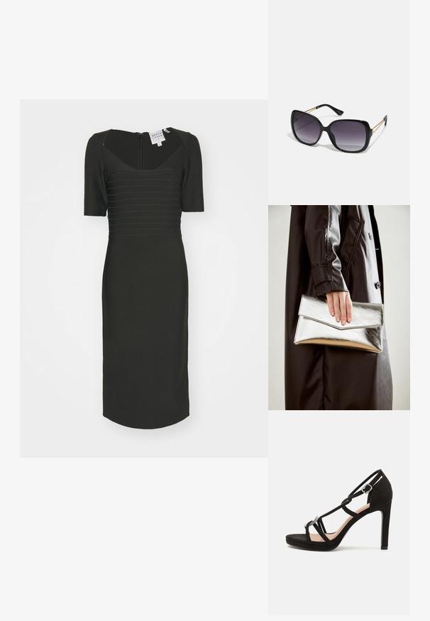 Rochie neagră ajustată cu decolteu pătrat, mâneci scurte și dungi orizontale texturate. Închidere cu fermoar la spate și design până la genunchi.; Sandale cu toc înalt din suede negru, cu curele încrucișate, un accent decorativ de culoare argintie și o talpă platformă pentru un plus de înălțime.; Ochelari de soare negri, supradimensionați, cu lentile degradate, rame groase și detalii cu lanț de ton auriu pe brațele templului.; Plică metalică argintie cu un design unghiular de tip plic, textură netedă și culoare contrastantă la interior, ținută într-o mână care poartă o haină neagră.