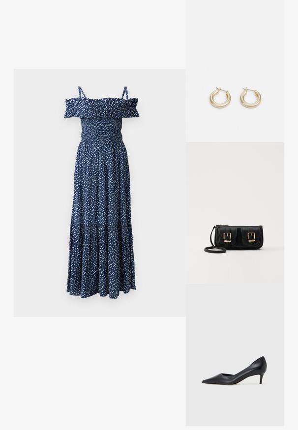 Mornarsko plava maksi haljina s bijelim točkicama, off-the-shoulder volanasti dekolte, smotani bodice i dizajn suknje s slojevima.; Crna kožna cipela s vrhom u špic i niskom petom. Ima glatku teksturu i suptilan sjaj. Prednji dio je otvoren za dodatni detalj.; Crna kožna torba preko ramena s dva prednja džepa, zlatnim kopčama, zatvaranjem na zip i uskim remenom. Teksturirana površina i kompaktan pravokutan oblik.; Lauren Ralph Lauren BASIC SMALL HOOP - Naušnice - gold-coloured