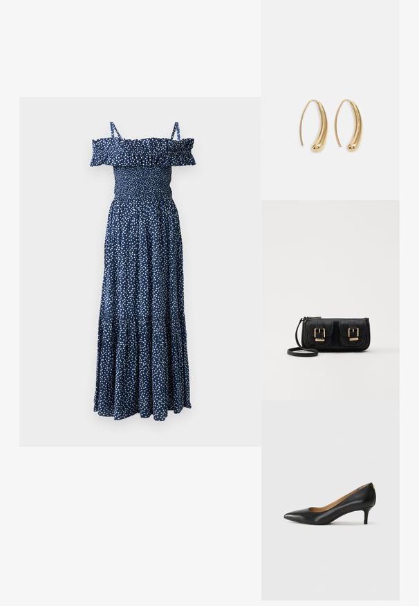Marineblå maxi-kjole med hvite prikker, av-shoulder volangkrage, smocket liv og design med lagdelt skjørt.; Sorte lærpumpe med spiss tå, lav hæl og en glatt tekstur. Har en liten åpning foran og minimalt med beslag bak.; Svart skinn crossbody veske med to frontlommer, gyldne spenner, glidelåslukking og en slank stropp. Teksturert overflate og kompakt rektangulær form.; Gullfargede metalløredobber med en buet, forlenget form. Har en jevn, blank overflate og en avrundet tupp for ekstra detaljer.