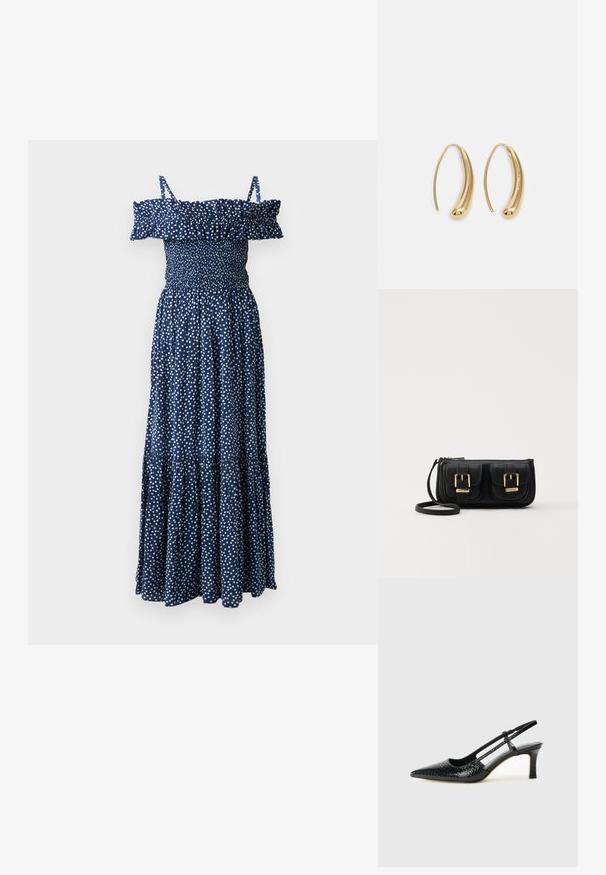 Granatowa sukienka maxi w białe kropki, z hiszpańskim dekoltem z falbanami, marszczoną górą oraz falbanowym krojem spódnicy.; Czarne lakierowane czółenka na obcasie typu slingback z wąskim noskiem, z teksturowanym wzorem wężowym, regulowanym paskiem oraz krótkim, teksturowanym obcasem w kształcie słupka.; Czarna skórzana torba na ramię z dwoma przednimi kieszeniami, złotymi klamrami, zamkiem błyskawicznym i cienkim paskiem. Teksturowana powierzchnia i kompaktowy prostokątny kształt.; Złote metalowe kolczyki w kształcie obręczy o zakrzywionym, wydłużonym kształcie. Posiadają gładką, błyszczącą powierzchnię oraz zaokrąglony koniec dla dodatkowego efektu.