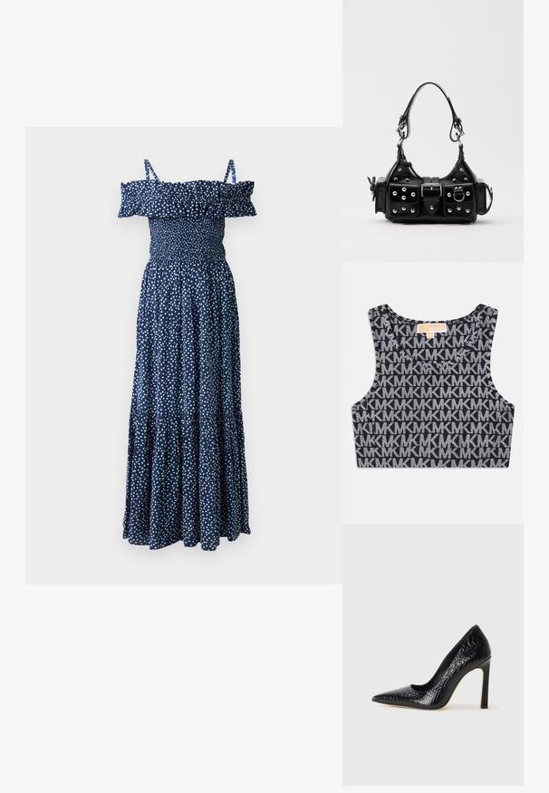 Navy blue maxi-mekko, jossa on valkoisia pilkkuja, olkaimeton röyhelökaula-aukko, smokkattu yläosa ja kerrostettu hame.; Musta lyhyt toppi, jossa on toistuva valkoinen MK-logo -kuvio, pyöreä kaula-aukko ja leveät olkaimet. Sileä tekstuuri.; Musta kapea nilkkakorkokenkä krokotiilin nahkakuviolla, joka on varustettu tyylikkäällä muotoilulla, korkealla stiletto-korkealla ja sileällä mustalla sisäosalla.; Musta nahkainen käsilaukku, jossa on kaareva muotoilu, hopeiset niitit, solki ja kaksi sivutaskua. Säädettävä olkahihna erilaisiin kantovaihtoehtoihin.