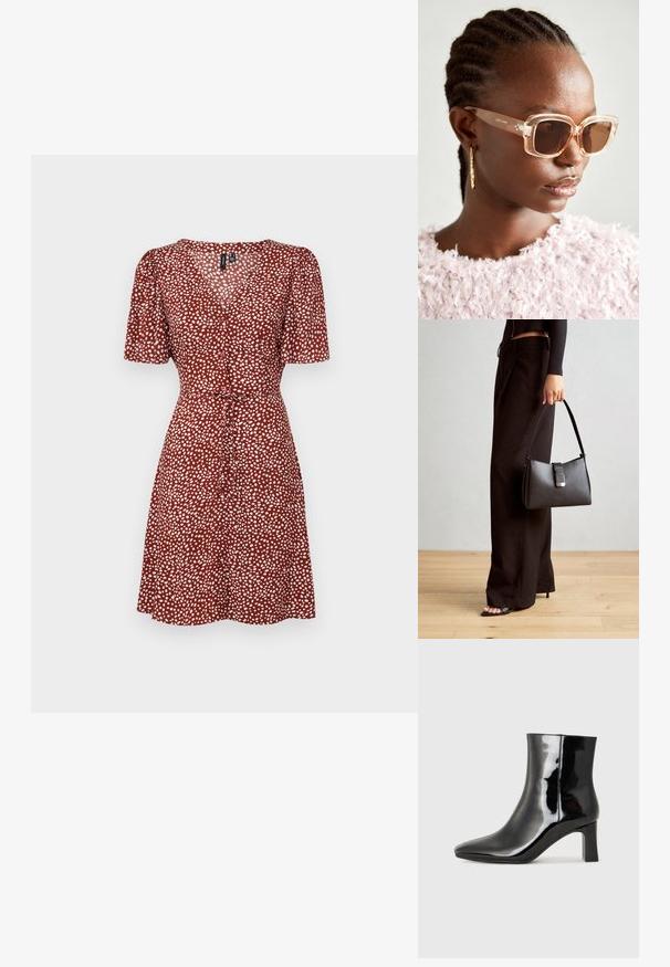 Vero Moda VMALBA SHORT DRESS - Vestito casual - fired brick; Stivaletto in pelle verniciata nera con punta a punta e tacco a blocco di altezza media. Texture liscia e design minimalista.; Occhiali da sole oversize beige con montatura trasparente e lenti marroni sfumate, caratterizzati da sottili accenti floreali e un design geometrico audace.; Borsa nera con forma strutturata, texture liscia e una chiusura metallica. Abbinata a pantaloni neri larghi e sandali open-toe su un pavimento in legno.