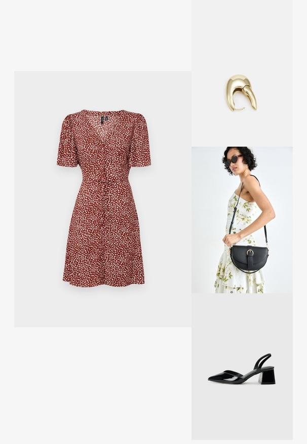 Vero Moda VMALBA SHORT DRESS - Päevakleit - fired brick; Mustad musta lakknahk kingad, millel on terav varvas ja geomeetriline plokkkonts. Omab elegantselt minimalistlikku disaini ja sujuvat tekstuuri.; Mustmust mustraha kõverate joontega, eemaldatava rihmaga ja kuldsete detailidega. Kotil on klapp, millel on pandladetail.; Kuldtooni metallist kõrvarõngas, millel on elegantne ja kaarjas disain. Omab silmapaistvat teravat kuju, poleeritud pinda ja hingesulgemist.