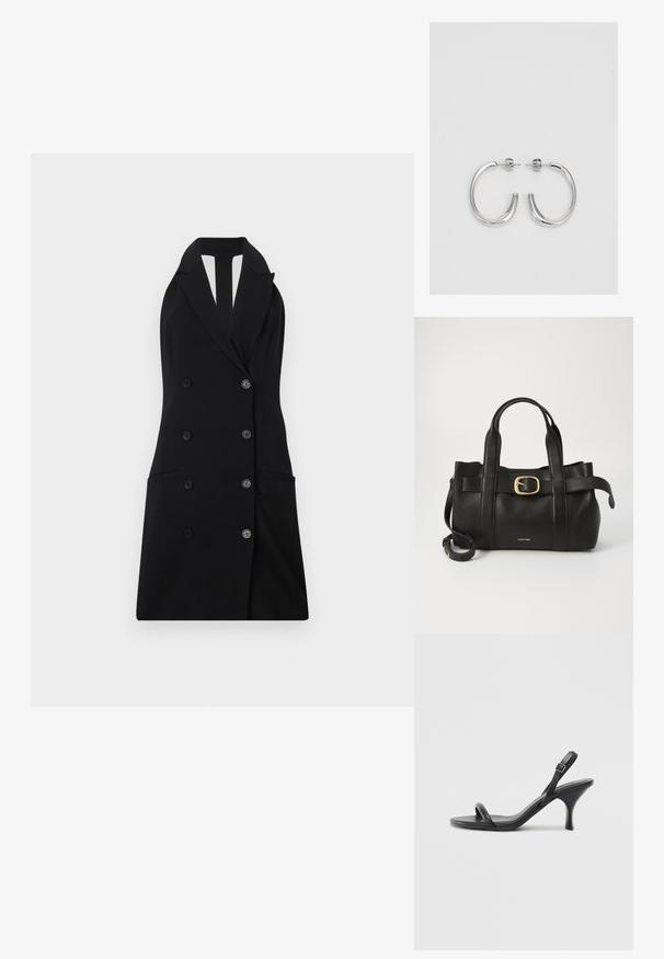 Čierne dvojradové sako-šaty s dizajnom na halterneck, s dvoma prednými vreckami a striebornými gombíkmi.; Čierne kožené sandále na vysokom podpätku s štíhlym, zakriveným podpätkom a prekríženým pásikovým dizajnom. Nastaviteľný pásik okolo členka. Hladká textúra.; Čierna kožená kabelka s štruktúrovaným dizajnom, dvojitými hornými uchopiteľmi, zlatým prackovým akcentom a embosovaným logom značky na prednej strane.; Strieborné kruhové náušnice s hladkým a lesklým povrchom. Okrúhly tvar, ľahký dizajn, s uzáverom na kolík.
