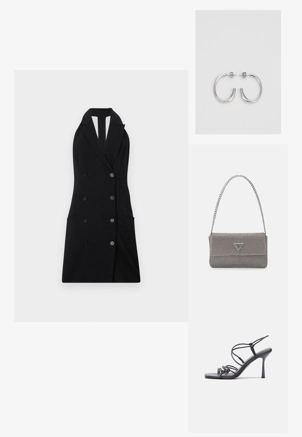 Rochie blazer neagră, cu guler halter, cu două buzunare frontale și accente din butoane argintii.; Sandale negre cu toc înalt au curele subțiri cu un design legat, un vârf pătrat neted și un toc stiletto elegant.; Geantă metalică gri deschis, cu un strap din lanț, decorată cu mici ținte circulare metalice și un logo de marcă triangular.; Cercei rotunzi din argint cu un finisaj neted și strălucitor. Design ușor, având o formă rotundă și închidere cu tijă.