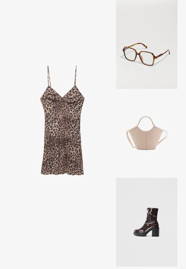 Rochie cu imprimeu de leopard, confecționată dintr-un material neted, având bretele subțiri, decolteu în v formă și o fustă evazată care se oprește deasupra genunchiului.; Botine lucioase burgundy, cu toc gros negru, având o textură netedă și un design simplu. Fără închideri sau modele vizibile.; Ochelari tortoise cu un cadru pătrat, având lentile clare și un model texturat. Brațele au un design subțire și aerodinamic.; Geantă de mână bej din piele cu o formă unică, dotată cu două mânere scurte și o curea lungă ajustabilă. Textură netedă, cu hardware minim.