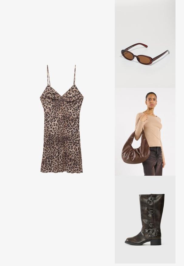 Robe à imprimé léopard en tissu lisse, avec des bretelles fines, un décolleté en V et un ourlet évasé qui tombe au-dessus du genou.; Bottes en cuir marron jusqu'aux genoux avec plusieurs boucles, un bout rond et un petit talon chunky. Présentent une finition texturée et des sangles ajustables.; Lunettes de soleil rondes teinte brun avec une monture bordeaux brillante. Branches fines avec un détail de marque subtil. Design de verres plats.; Sac en cuir brun de type hobo avec un design décontracté et une texture lisse. Porté de manière décontractée par un modèle, il présente une grande ouverture et une forme arrondie.