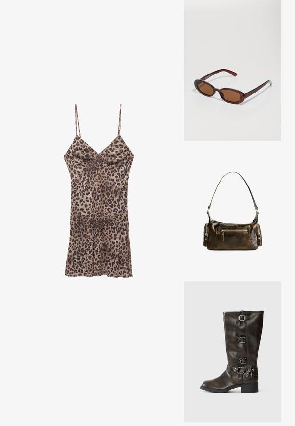Leopárdmintás ruha sima anyagból, vékony pántokkal, V-nyakkivágással és térd felett végződő kerekített aljjal.; Barna bőrből készült, térdig érő, több csattal ellátott csizmák, kerek orral és alacsony, vastag sarkú kivitelben. Texturált felülettel és állítható pántokkal rendelkezik.; Kerek, barna árnyalatú napszemüveg fényes burgundi kerettel. Karcsú karok diszkrét márkázással. Lapos lencse kialakítás.; Barna bőr kézitáska ívelt formával, ezüst színű fémrészekkel és két cipzáras zsebbel az elején. Állítható vállpánt jár hozzá.